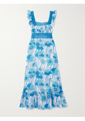 Loretta Caponi - Margherita Lace-trimmed Floral-print Silk-voile Maxi Dress - Blue - x small,small,medium,large,x large