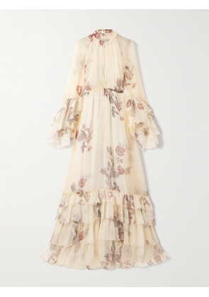 Etro - Tiered Tie-neck Floral-print Silk-crepon Maxi Dress - White - IT38,IT40,IT42,IT44,IT46