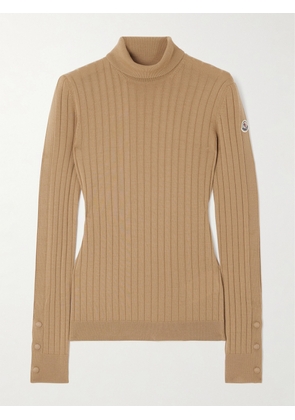 Moncler - Button-detailed Appliquéd Ribbed Wool And Cashmere-blend Turtleneck Sweater - Brown - xx small,x small,small,medium,large,x large
