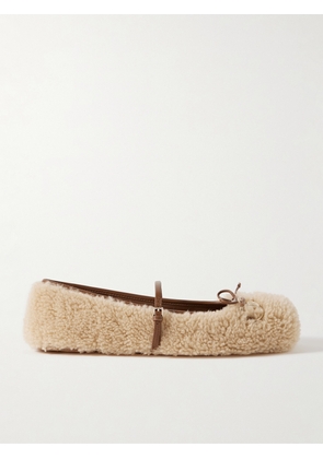 Gucci - Horsebit Ballerina Leather-trimmed Shearling Flats - Neutrals - IT36,IT36.5,IT37,IT38,IT39,IT40,IT41