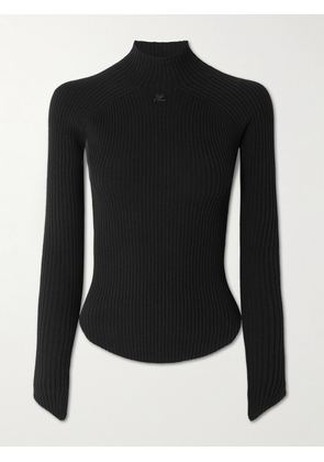 COURREGES - Logo-embroidered Ribbed-knit Mock-neck Top - Black - x small,small,medium,large,x large