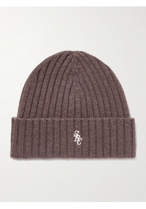 Sporty & Rich - Embroidered Ribbed Cashmere And Wool-blend Beanie - Brown - One size