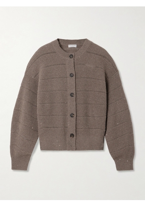 Brunello Cucinelli - Sequined Pointelle-knit Cardigan - Brown - xx small,x small,small,medium,large,x large
