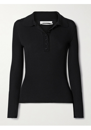 Another Tomorrow - Ribbed-knit Polo Sweater - Black - x small,small,medium,large,x large