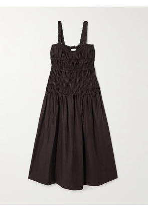 Tory Burch - Ruffled Shirred Lyocell-blend Voile Midi Dress - Brown - x small,small,medium,large,x large