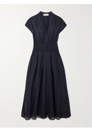 Tory Burch - Gathered Shirred Pleated Striped Cotton Midi Dress - Blue - US2,US4,US6,US8,US10