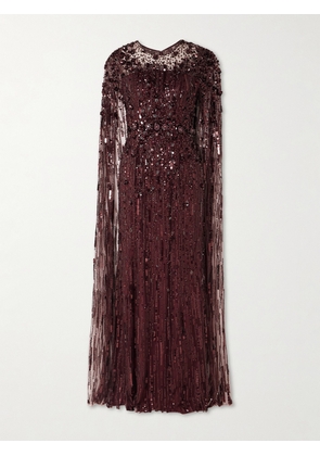 Jenny Packham - Ruby Cape-effect Embellished Tulle Gown - Burgundy - UK 8,UK 10,UK 12,UK 14,UK 16,UK 18,UK 20