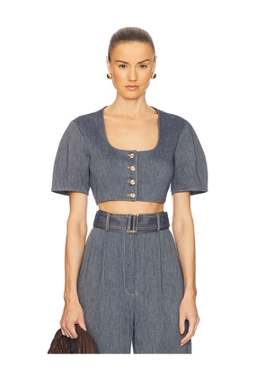 MATTHEW BRUCH Apron Puff Sleeve Crop Top in Slate. Size 0. Also in 2, 4, 6, 8.