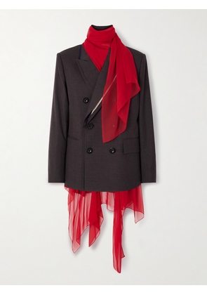 Sacai - Double-breasted Chiffon-trimmed Wool Blazer - Brown - 1,2,3,4