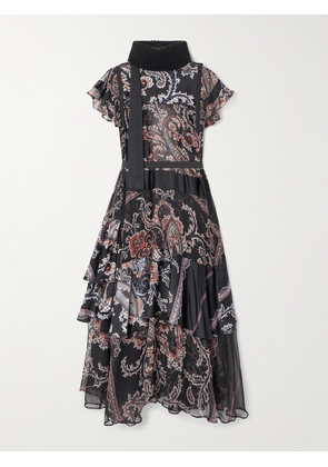 Sacai - Belted Ribbed Wool-blend Trimmed Paisley-print Voile Midi Dress - Black - 1,2,3,4