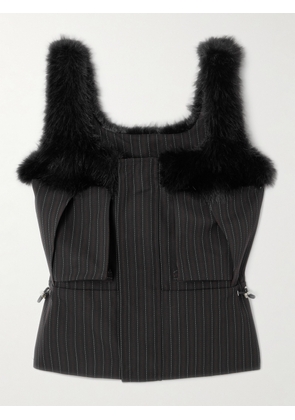 Sacai - Plush-trimmed Striped Woven Top - Black - 1,2,3,4