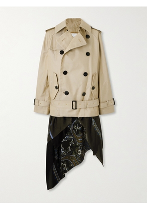 Sacai - Double-breasted Scarf-detailed Gabardine Jacket - Neutrals - 1,2,3