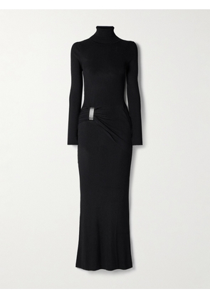 Brandon Maxwell - The Lainey Embellished Gathered Ribbed-knit Maxi Dress - Black - x small,small,medium