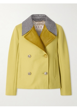 Marni - Double-breasted Croc-effect Leather-trimmed Wool Jacket - Yellow - IT38,IT42,IT44