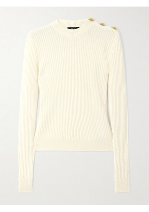 Balmain - Button-embellished Ribbed Wool And Cashmere-blend Sweater - Neutrals - FR 34,FR 36,FR 38,FR 40,FR 42,FR 44