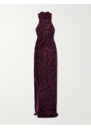 Balmain - Gathered Sequined Stretch-tulle Halterneck Gown - Purple - FR 34,FR 36,FR 38,FR 40,FR 42