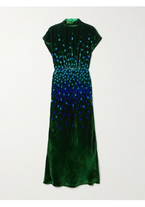 Saloni - Fabienne Gathered Printed Velvet Midi Dress - Green - UK 4,UK 6,UK 8,UK 10,UK 12,UK 14,UK 16
