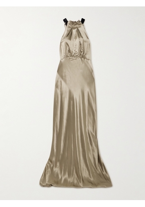 Saloni - Michelle Velvet-trimmed Open-back Satin Gown - Gold - UK 4,UK 6,UK 8,UK 10,UK 12,UK 14