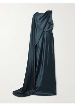 Saloni - Phoenix Cape-effect Crystal-embellished Draped Satin Gown - Blue - UK 4,UK 6,UK 8,UK 10,UK 12,UK 14,UK 16