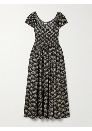 DÔEN - Quinley Shirred Floral-print Organic Cotton-voile Midi Dress - Black - xx small,x small,small,medium,large,x large,xx large