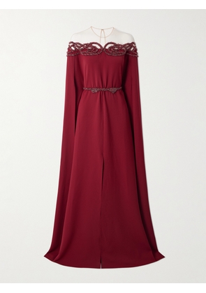 Zuhair Murad - Cape-effect Embellished Cady Gown - Burgundy - FR 36,FR 38,FR 40,FR 42