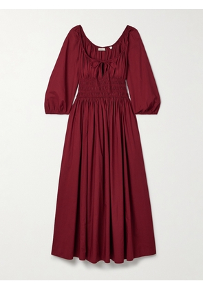 DÔEN - Quintessa Tie-detailed Shirred Organic Cotton-poplin Midi Dress - Burgundy - xx small,x small,small,medium,large,x large,xx large
