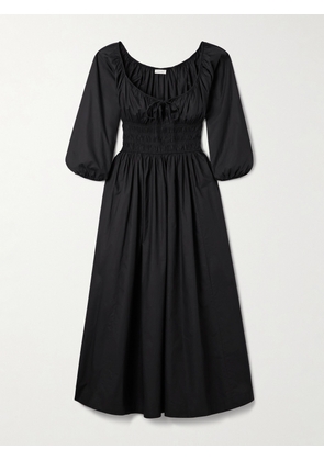 DÔEN - Quintessa Tie-detailed Shirred Organic Cotton-poplin Midi Dress - Black - xx small,x small,small,medium,large,x large,xx large