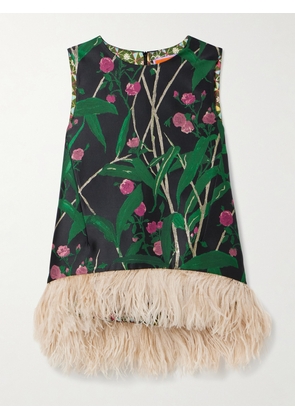 La DoubleJ - Icon La Scala Feather-trimmed Floral-jacquard Top - Green - xx small,x small,small,medium,large