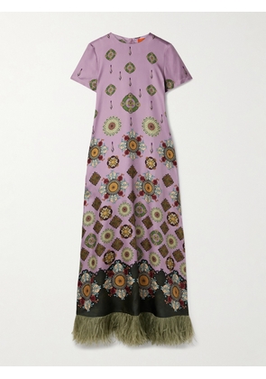 La DoubleJ - Swing Feather-trimmed Printed Silk-twill Maxi Dress - Purple - xx small,x small,small,medium,large,x large