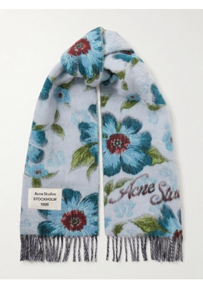 Acne Studios - Fringed Appliquéd Floral-print Brushed Wool-blend Scarf - Blue - One size