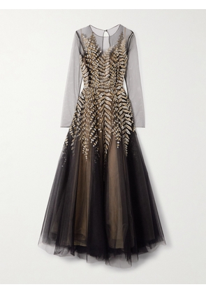 Oscar de la Renta - Crystal, Bead And Sequin-embellished Pleated Tulle Midi Dress - Black - US2,US4,US6,US8,US10