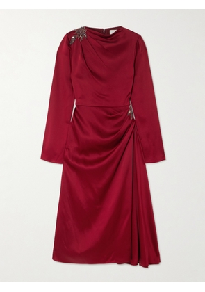 Erdem - Draped Crystal-embellished Appliquéd Satin Midi Dress - Red - UK 6,UK 8,UK 10,UK 12,UK 14,UK 16