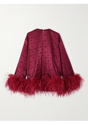 Dima Ayad - Geometric Feather-trimmed Devoré-satin Blouse - Burgundy - XS,S,M,L,XL,XXL,XXXL,XXXXL