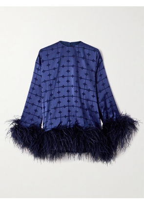Dima Ayad - Geometric Feather-trimmed Devoré-satin Blouse - Blue - XS,S,M,L,XL,XXL,XXXL,XXXXL