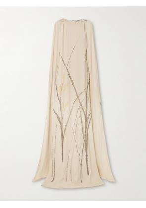 BERNADETTE - Minnie Cape-effect Sequin-embellished Printed Crepe De Chine Gown - Neutrals - FR 34,FR 36,FR 38,FR 40,FR 42,FR 44,FR 46