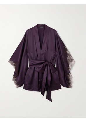 Carine Gilson - Belted Lace-trimmed Silk-satin Robe - Purple - small,medium,large,x large