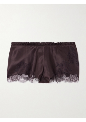 Carine Gilson - Lace-trimmed Silk-satin Shorts - Brown - small,medium,large,x large