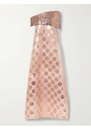 Dima Ayad - Asymmetric Sequin-embellished Draped Metallic Polka-dot Brocade Gown - Rose gold - x small,small,medium,large,x large,xx large