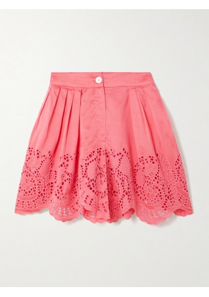 Thierry Colson - Kenya Pleated Broderie Anglaise Cotton And Silk-blend Shorts - Pink - x small,small,medium,large,x large
