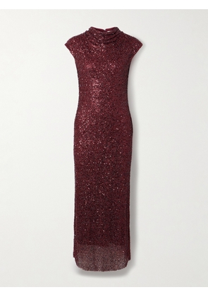 SIMKHAI - Zaria Embellished Draped Mesh Midi Dress - Burgundy - US0,US2,US4,US6,US8,US10