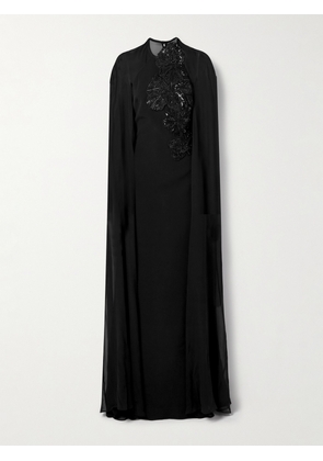 Elie Saab - Cape-effect Embellished Silk-crepe And Silk-chiffon Gown - Black - FR 36,FR 38,FR 40,FR 42,FR 44,FR 46