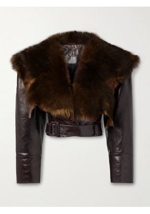 Chloé - Cropped Belted Shearling-trimmed Glossed-leather Jacket - Brown - FR 34,FR 36,FR 38,FR 40,FR 42