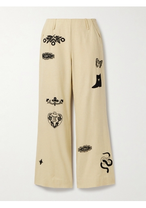 ALIX OF BOHEMIA - Charlie Rye Embroidered Silk Flared Pants - Yellow - US0,US2,US4,US6,US8,US10,US12