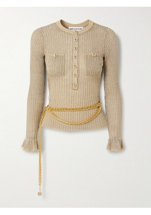 Self-Portrait - Belted Ruffled Metallic Ribbed-knit Top - Gold - x small,small,medium,large
