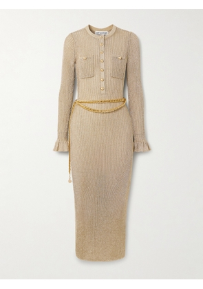 Self-Portrait - Belted Ruffled Metallic Ribbed-knit Midi Dress - Gold - x small,small,medium,large
