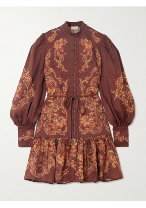 ALÉMAIS - Seraphina Belted Tiered Printed Ramie Mini Dress - Brown - UK 6,UK 8,UK 10,UK 12,UK 14