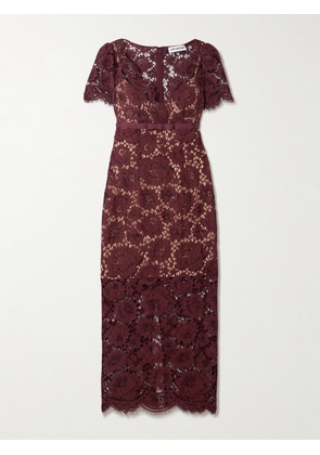 Self-Portrait - Bow-detailed Floral Lace Midi Dress - Burgundy - UK 4,UK 6,UK 8,UK 10,UK 12,UK 14,UK 16