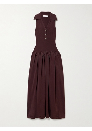 Self-Portrait - Embellished Ribbed-knit And Poplin Maxi Dress - Brown - x small,small,medium,large