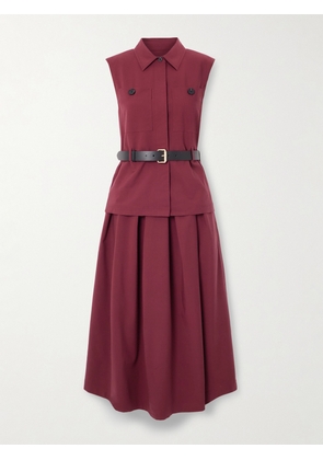 Self-Portrait - Belted Layered Pleated Twill Midi Dress - Burgundy - UK 4,UK 6,UK 8,UK 10,UK 12,UK 14,UK 16