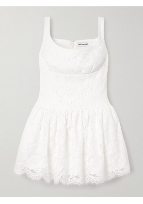 Self-Portrait - Pleated Scalloped Lace Mini Dress - White - UK 4,UK 6,UK 8,UK 10,UK 12,UK 14,UK 16